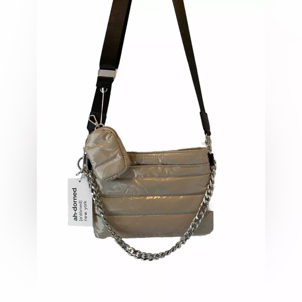 Ahdorned New York | beige patent quilted puffer chain crossbody bag